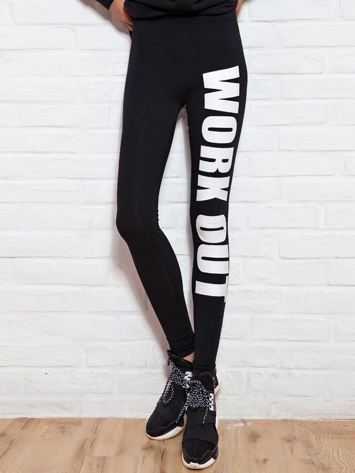 Romwe Black Slim Letters Print Leggings