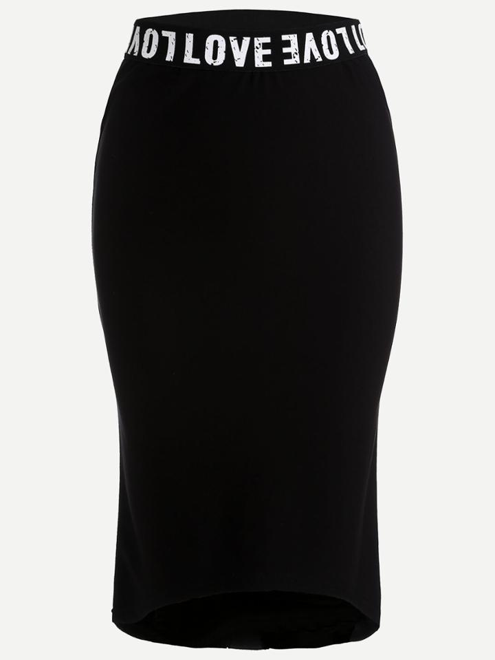 Romwe Black Waist Letter Print High Low Pencil Skirt