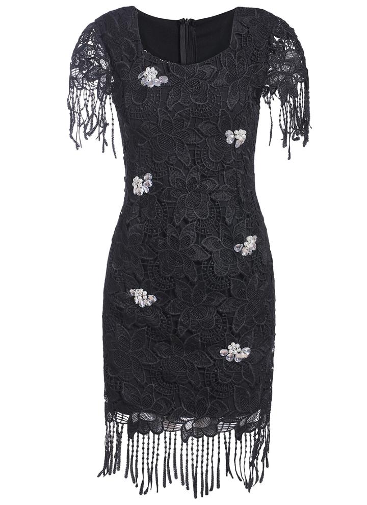 Romwe Square Neck Wtih Bead Tassel Lace Dress