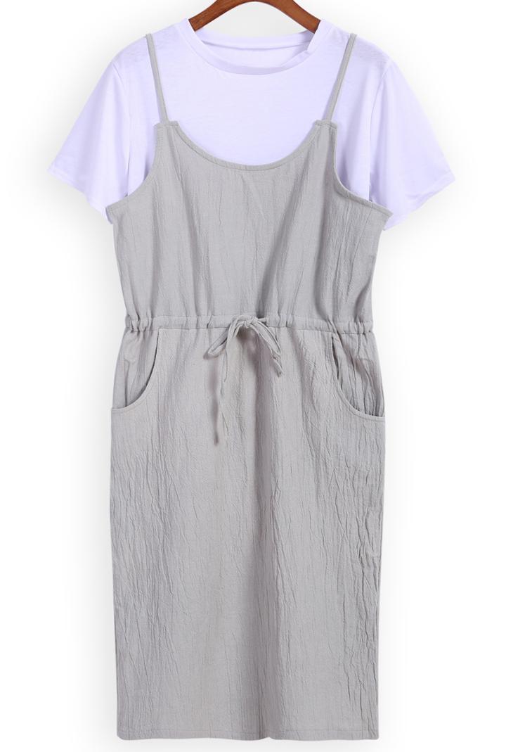 Romwe Short Sleeve Top With Spaghetti Strap Drawstring Dress