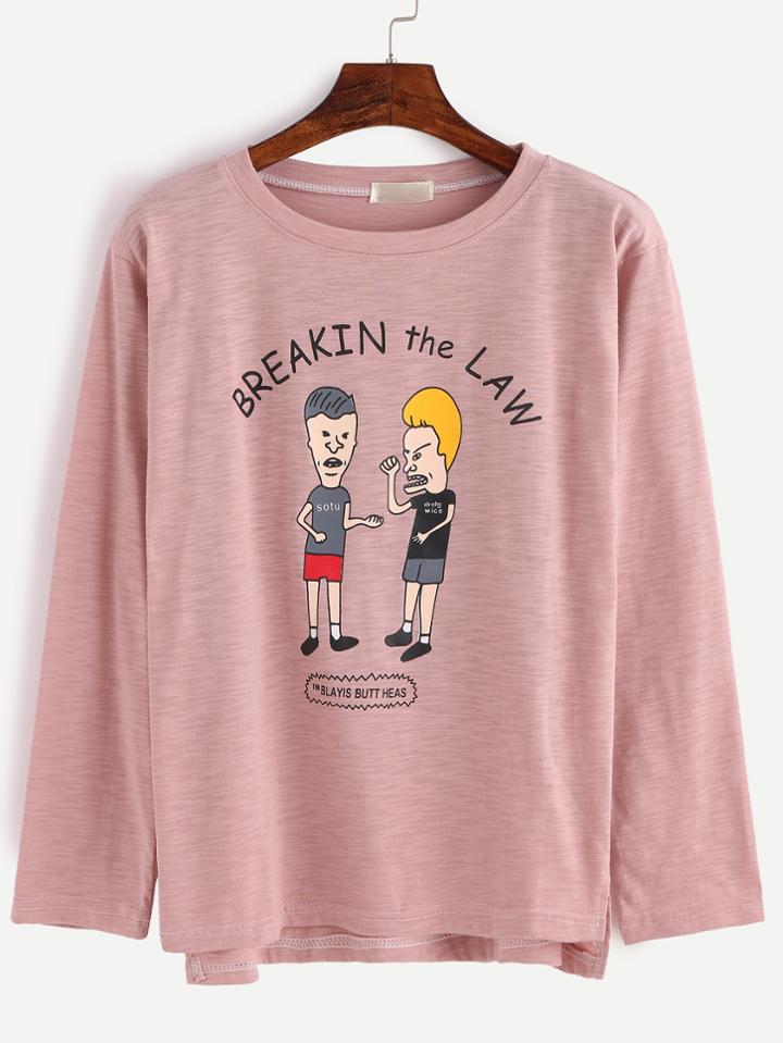 Romwe Pink Cartoon Print High Low T-shirt