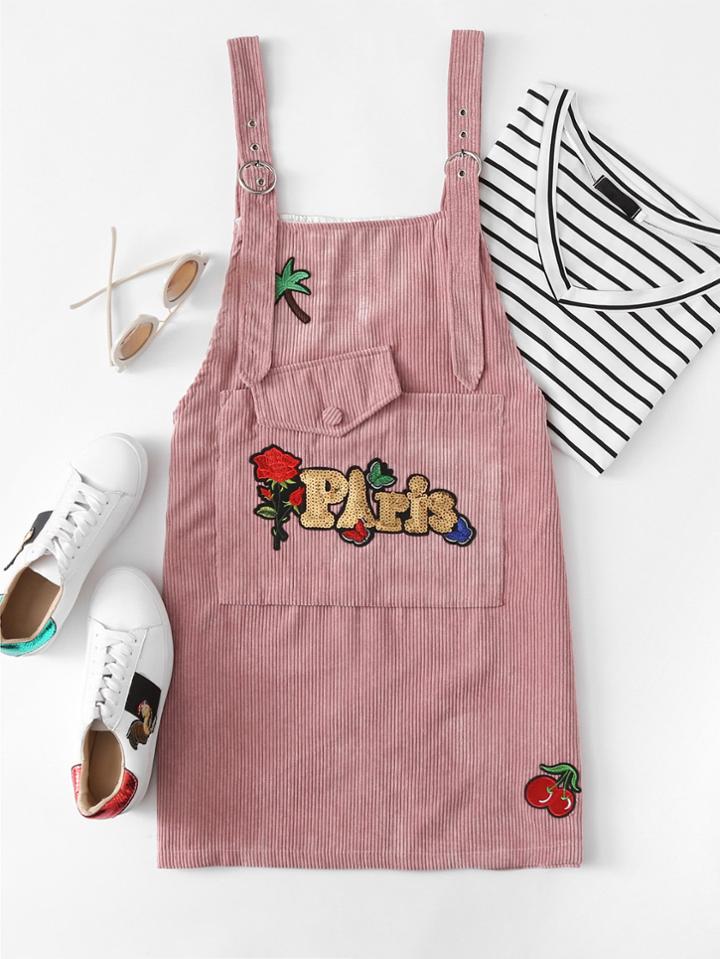 Romwe Rose Embroidered Patch Sequin Letter Pinafore Dress