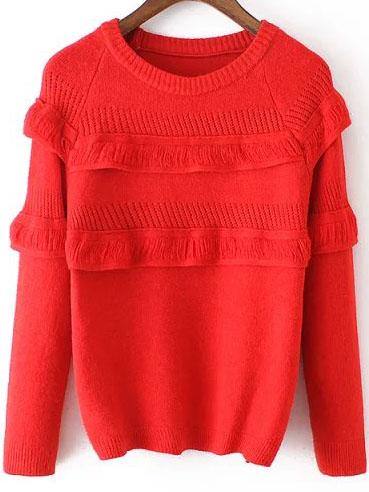 Romwe Round Neck Ruffle Red Sweater