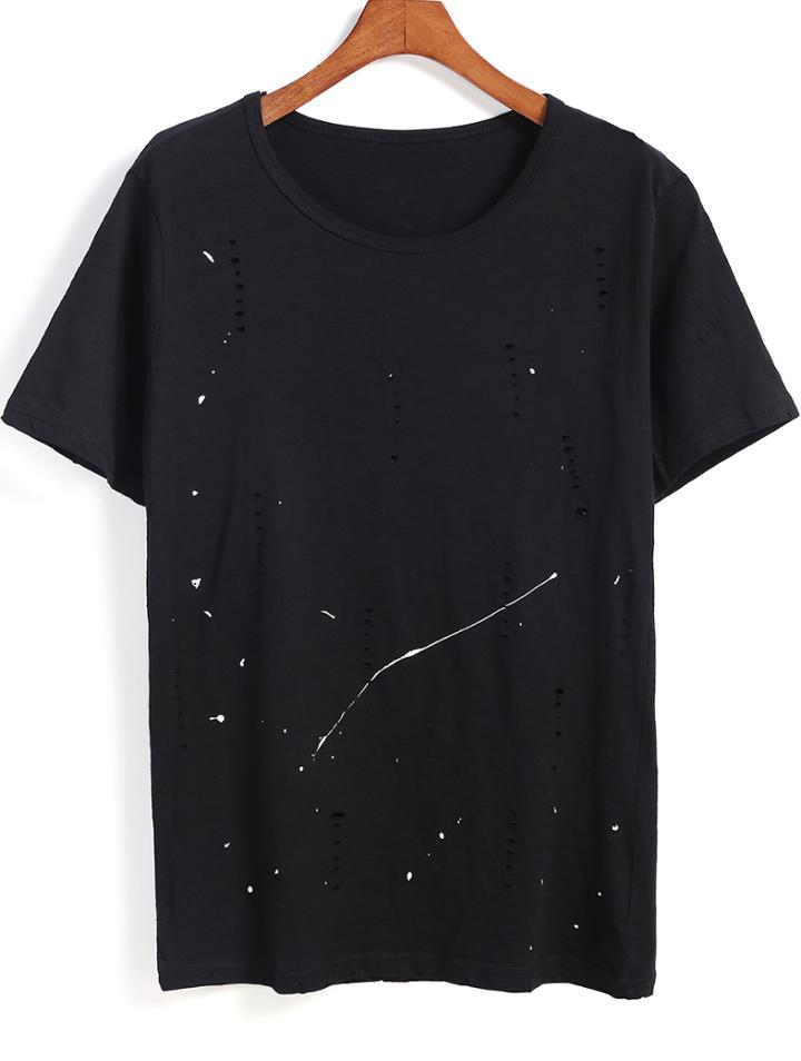 Romwe Black Short Sleeve Hollow Spot Print T-shirt