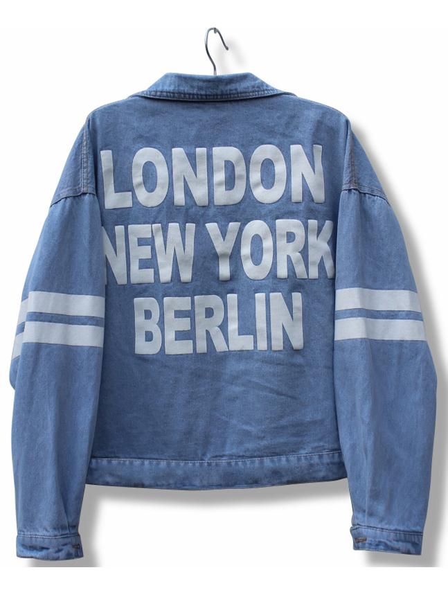 Romwe Lapel Letter Print Pockets Denim Pale Blue Coat