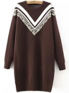 Romwe Dropped Shoulder Seam Chevron Print Sequined Brown Sweater Dress