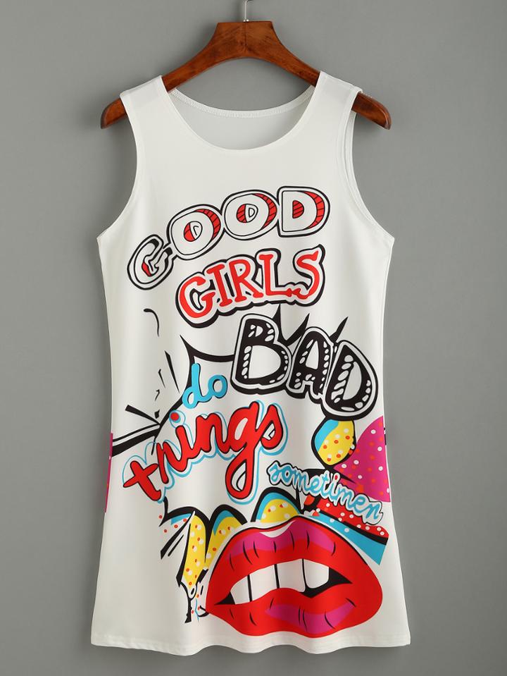 Romwe White Letter And Lips Print Tank Dress