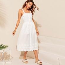 Romwe Embroidered Eyelet Hem Button Up Dress