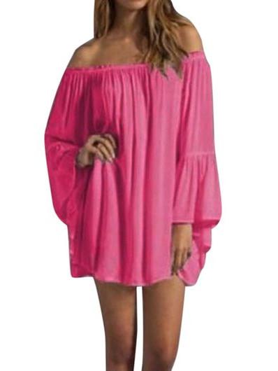 Romwe Off-the-shoulder Bell Sleeve Dress - Hot Pink