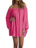 Romwe Off-the-shoulder Bell Sleeve Dress - Hot Pink