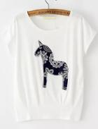 Romwe Horse Pattern Patch T-shirt