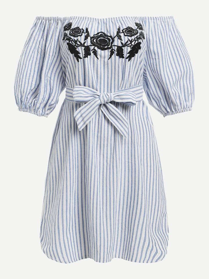 Romwe Off Shoulder Embroidered Striped Dress