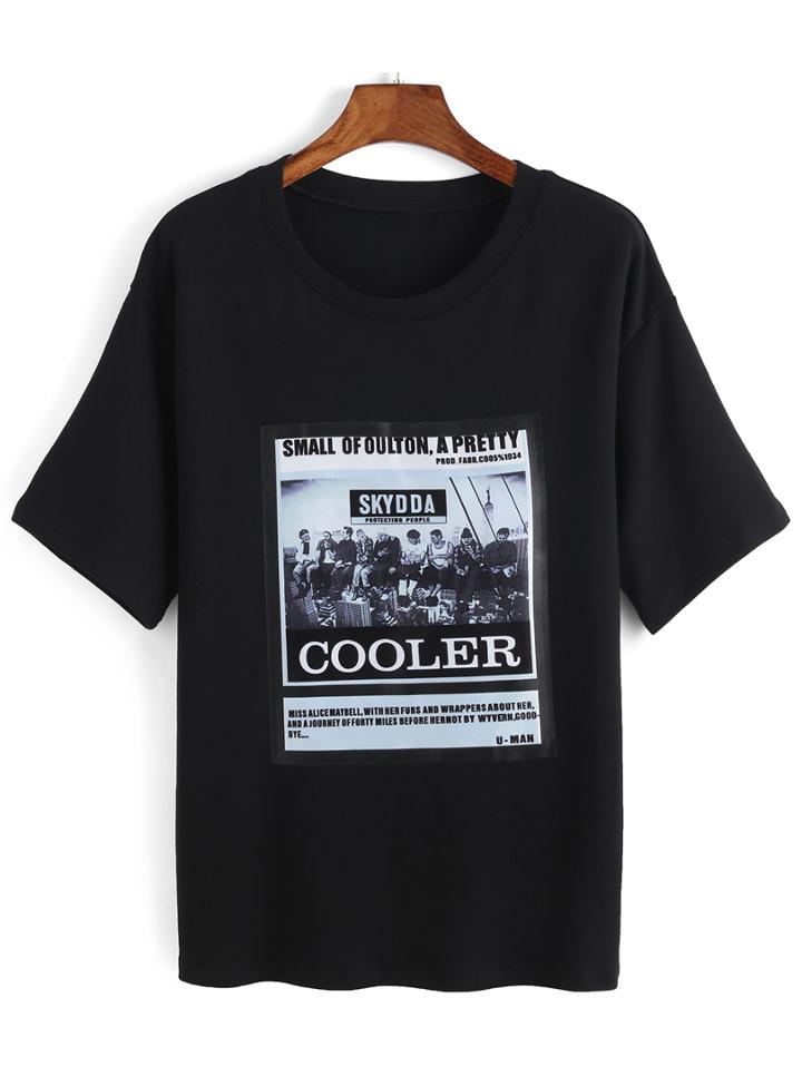 Romwe Patch Print Black T-shirt