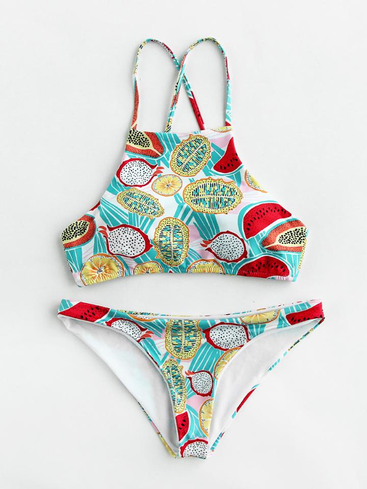 Romwe Fruit Allover Print High Leg Bikini Set