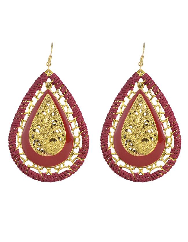 Romwe Red Enamel Braided Rope Long Drop Earrings