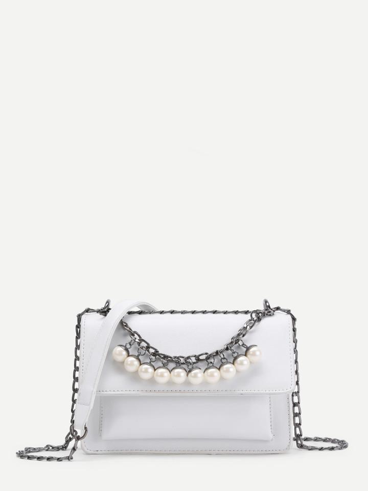 Romwe Faux Pearl Embellished Pu Cross Body Bag