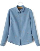 Romwe Blue Long Sleeve Embroidered Denim Blouse