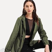 Romwe Drawstring Waist Zip Up Hooded Jacket