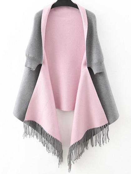 Romwe Elbow Sleeve Fringe Grey Poncho Sweater