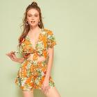 Romwe Tropical Print Tie Front Top With Paperbag Waist Shorts