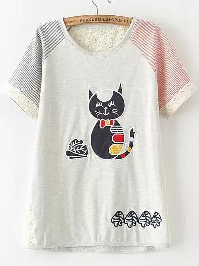 Romwe Contrast Short Sleeve Cat Print White T-shirt