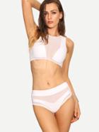 Romwe White Mesh Insert Crop Rash Guard Swimwear