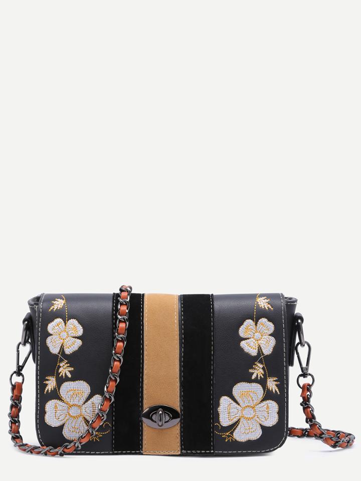 Romwe Black Floral Embroidery Satchel Bag