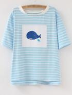 Romwe Blue Stripe Dip Hem Whale Print T-shirt