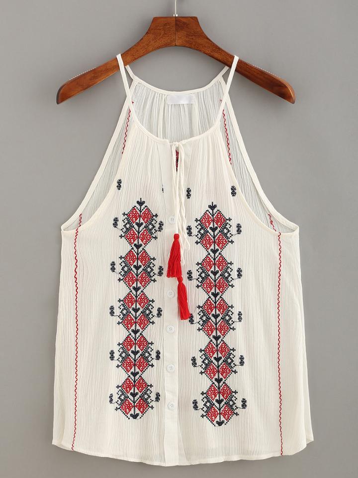 Romwe Tassel-tie Halter Neck Embroidery Top - White