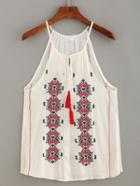 Romwe Tassel-tie Halter Neck Embroidery Top - White