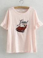 Romwe Pink Stripe Bell Sleeve Car Embroidery T-shirt
