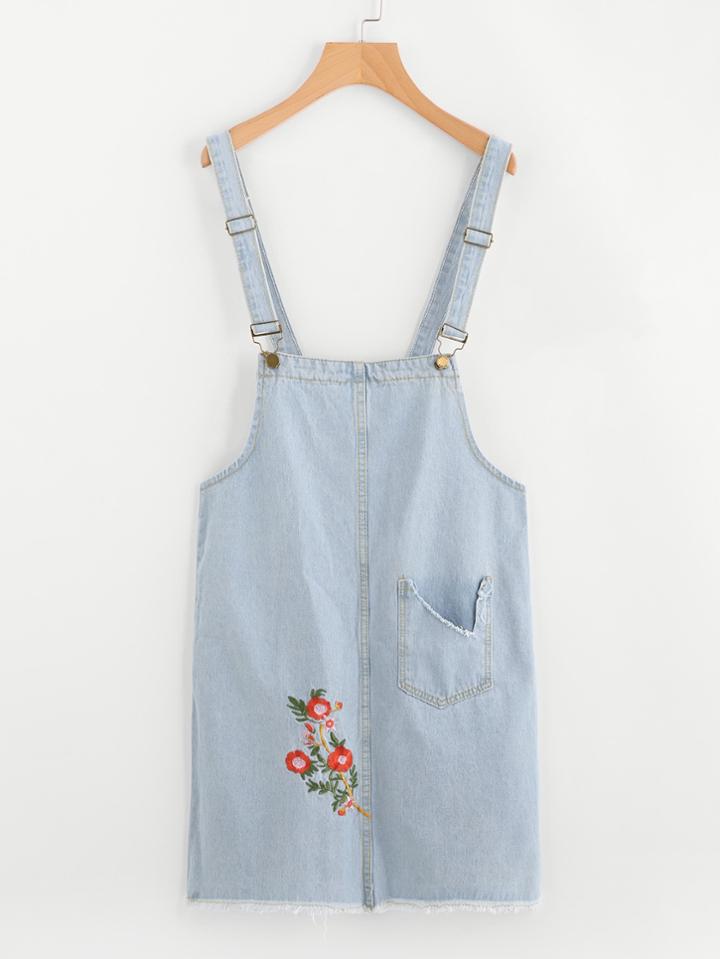 Romwe Floral Embroidered Distress Raw Hem Pinafore Dress