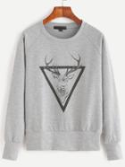 Romwe Heather Grey Deer Triangle Print Raglan Sleeve Sweatshirt