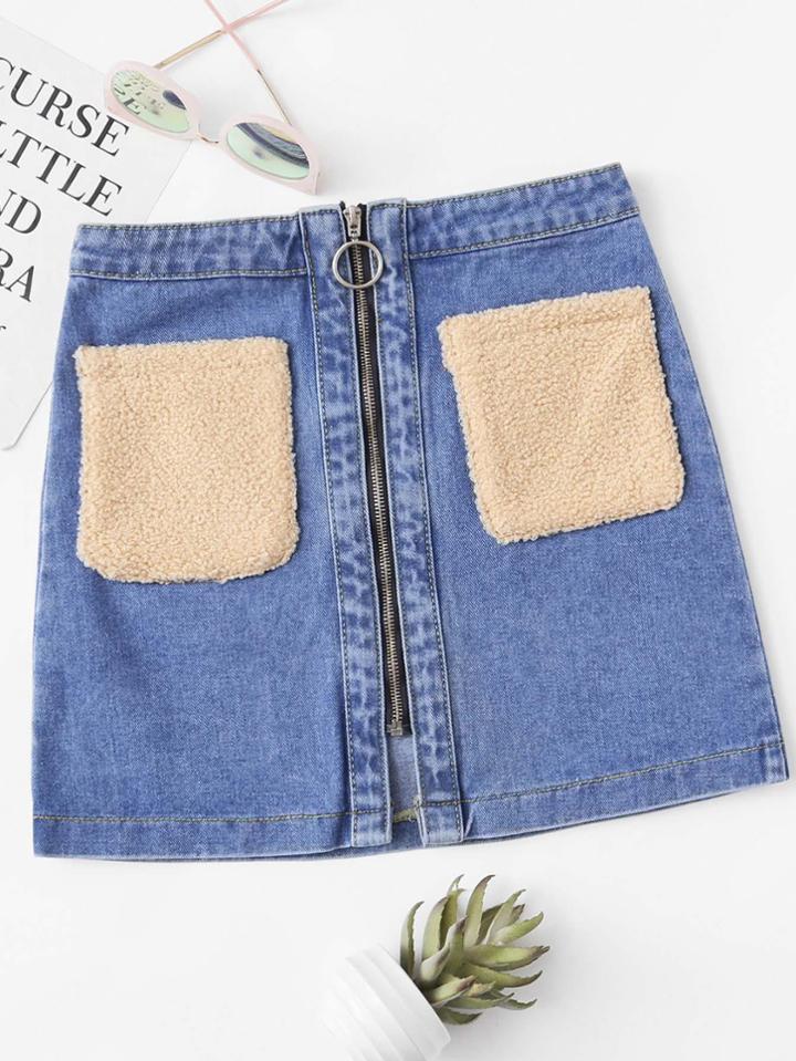 Romwe Faux Shearling Contrast O-ring Zip Denim Skirt