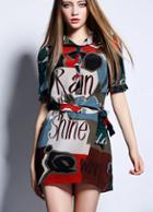 Romwe Red Short Sleeve Letters Print Tie-waist Dress