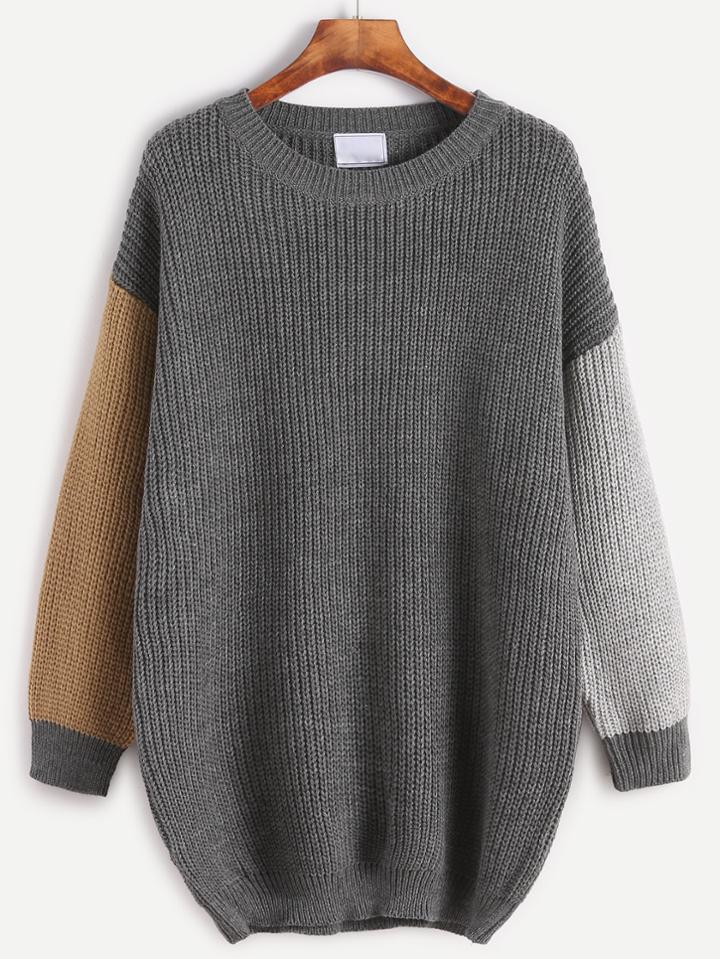 Romwe Grey Contrast Sleeve Drop Shoulder Sweater
