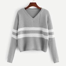 Romwe Striped Panel V Neck Sweater