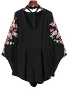 Romwe Black Blue Flower Embroidery Choker Neck Romper
