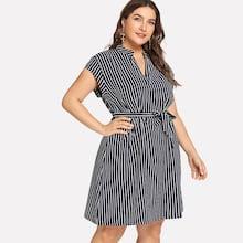 Romwe Plus V Neck Striped Dress