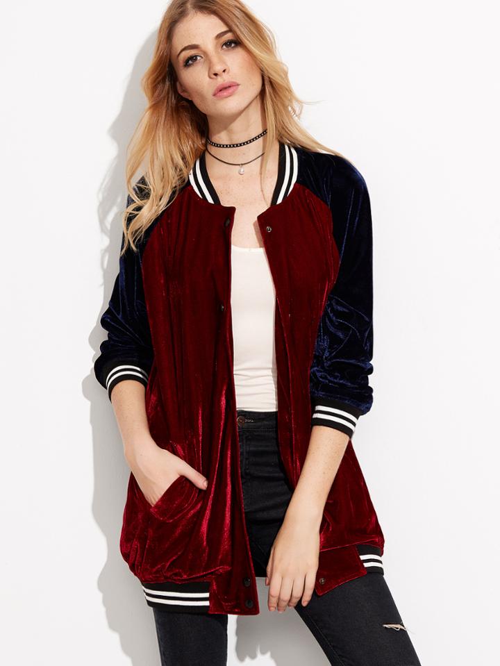 Romwe Burgundy Contrast Raglan Sleeve Velvet Bomber Jacket