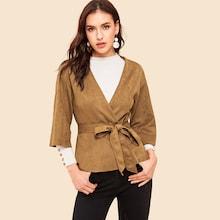 Romwe Bell Sleeve Self Belted Split Suede Coat
