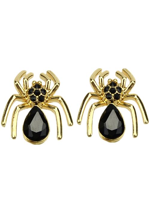 Romwe Black Gemstone Gold Spider Stud Earrings