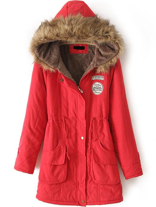 Romwe Hooded Drawstring Letter Patch Red Coat