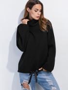 Romwe Black Turtleneck Drawstring Hem Sweatshirt