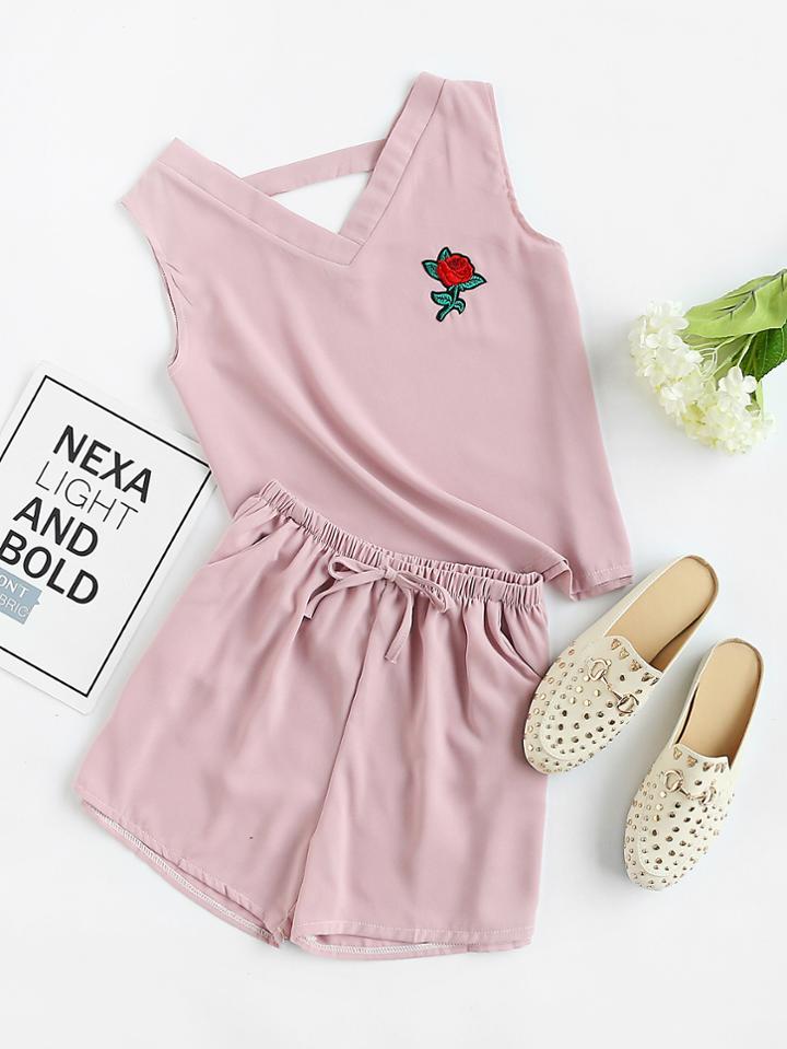 Romwe Rose Embroidered Patch Cut Out Back Top With Drawstring Shorts