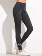 Romwe Deep Grey Cartoon Eyes Embroidery Skinny Leggings