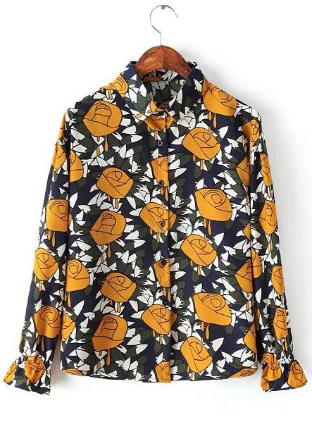 Romwe Rose Print Chiffon Yellow Blouse