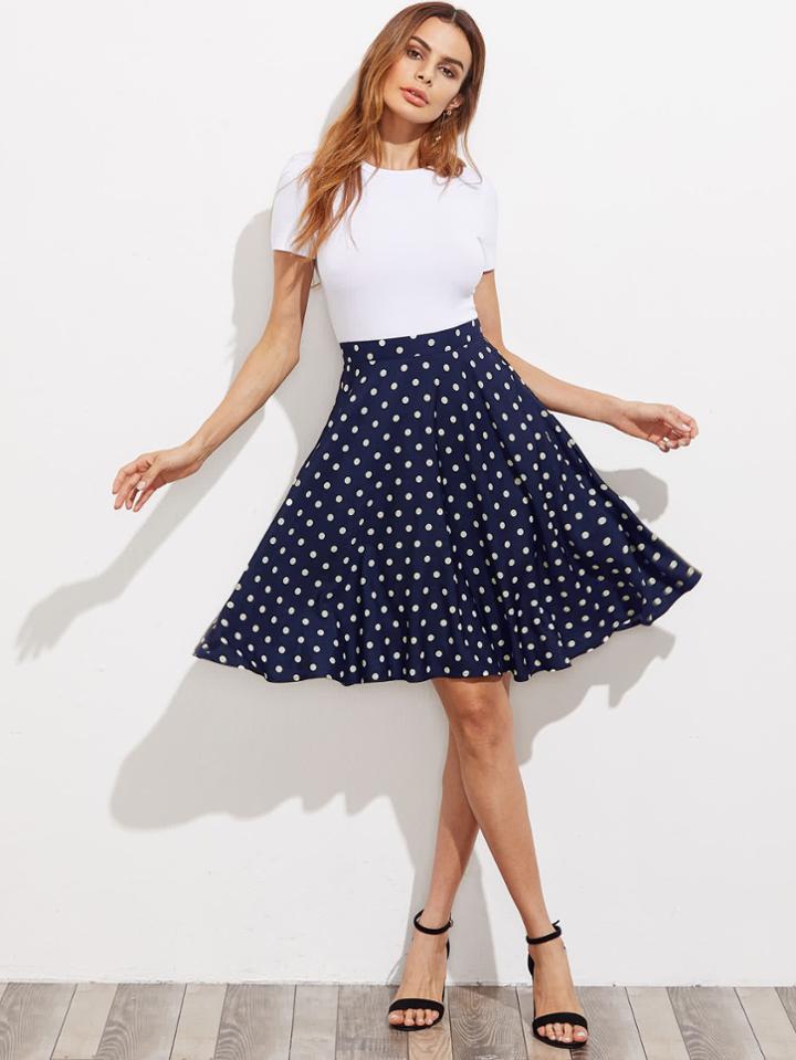 Romwe Hidden Pocket Detail Polka Dot Circle Skirt