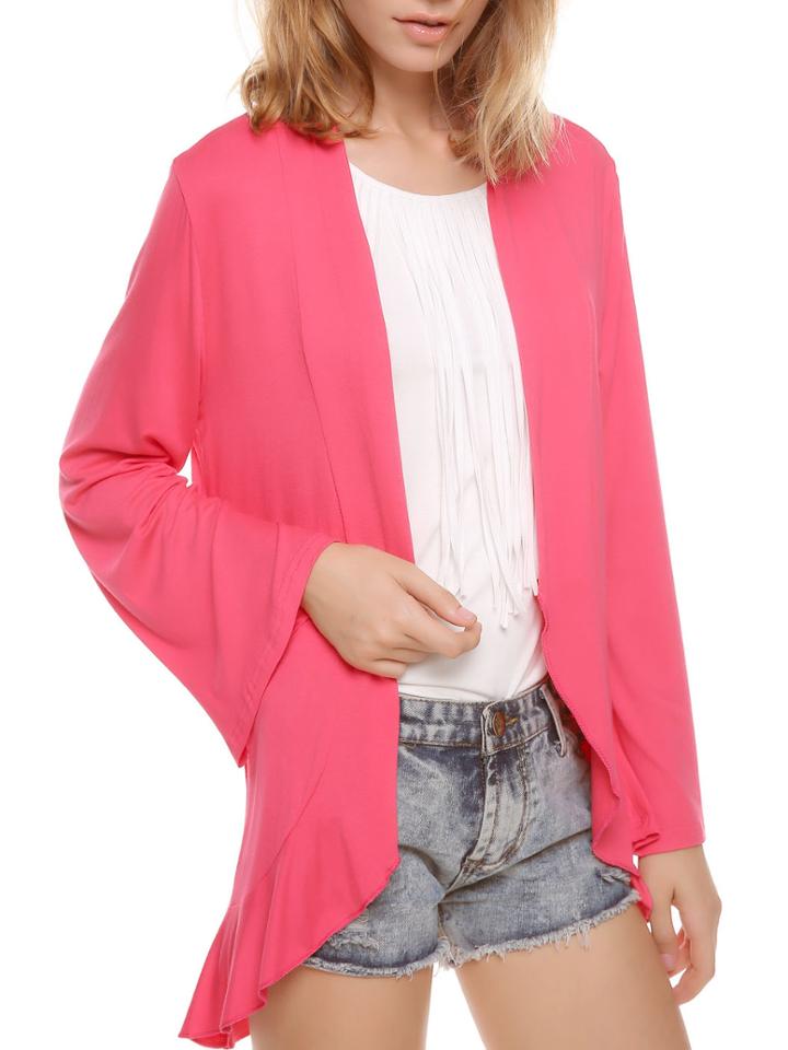 Romwe Bell Sleeve Peplum Hem Watermelon Red Coat