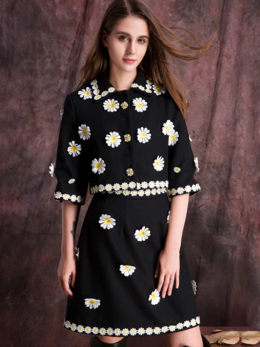 Romwe Black Round Neck Length Sleeve Beading Embroidered Two Pieces Dress